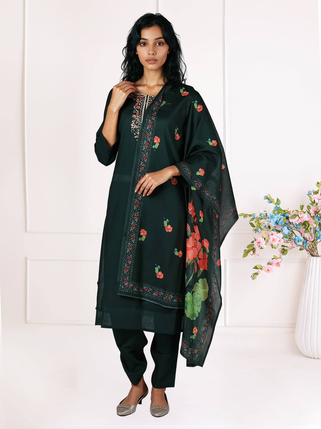 Women Silky Crush Embroidered Kurti Set Dark Green EKS92