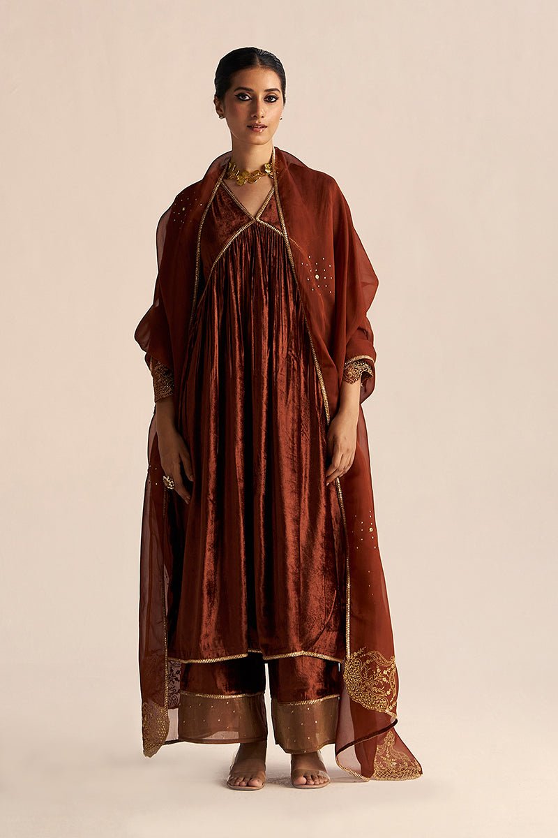 Sequoia Brown Velvet Festive Kurta Set