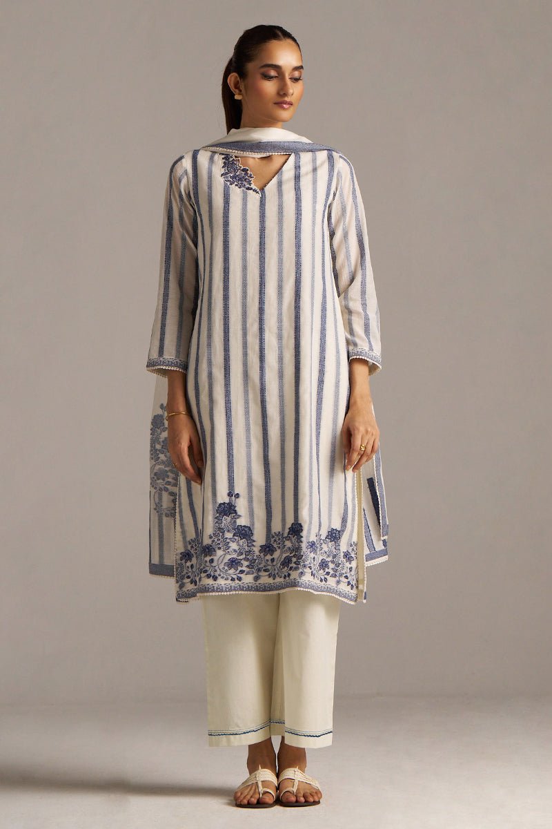 Off-White And Blue Woven-Chanderi Kurta Set