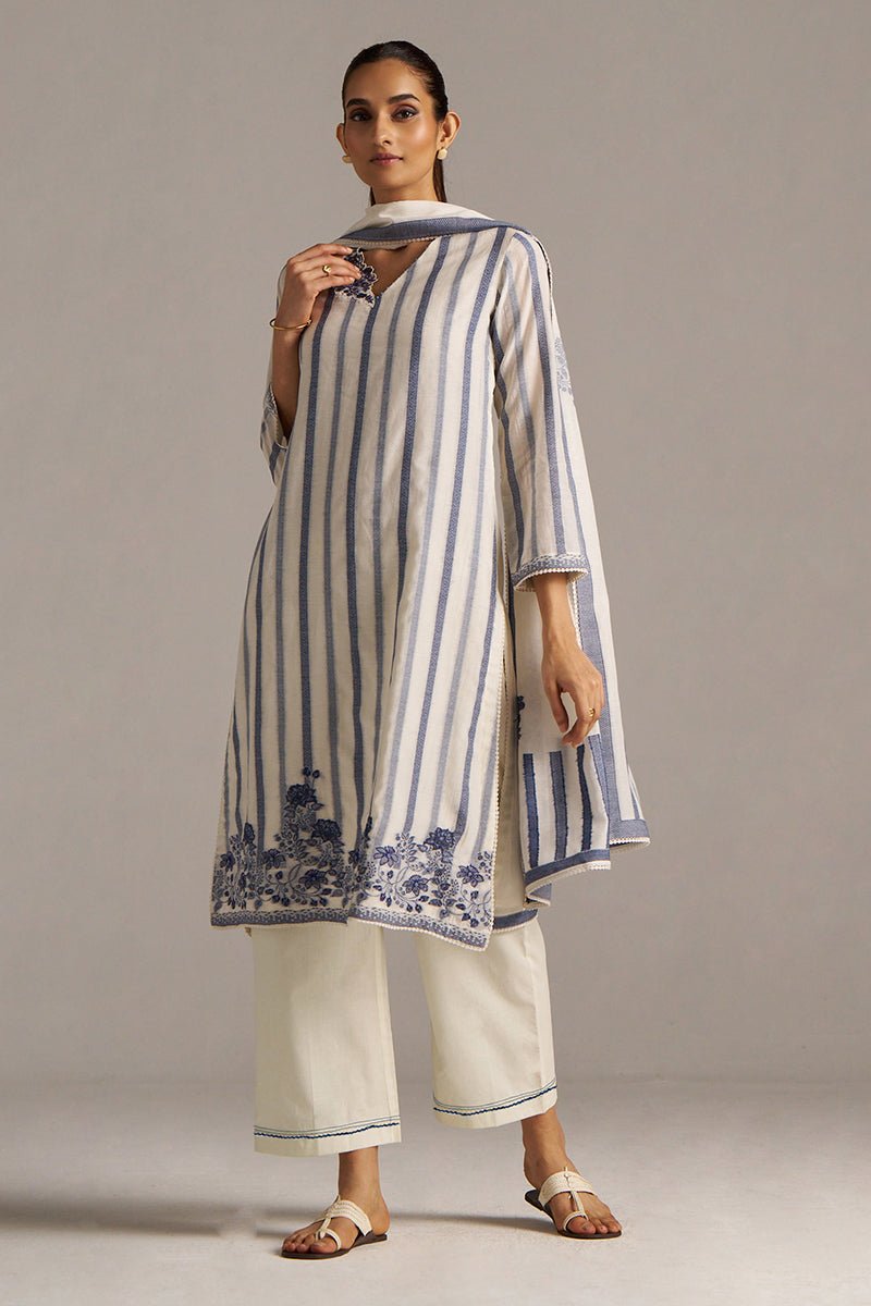 Off-White And Blue Woven-Chanderi Kurta Set