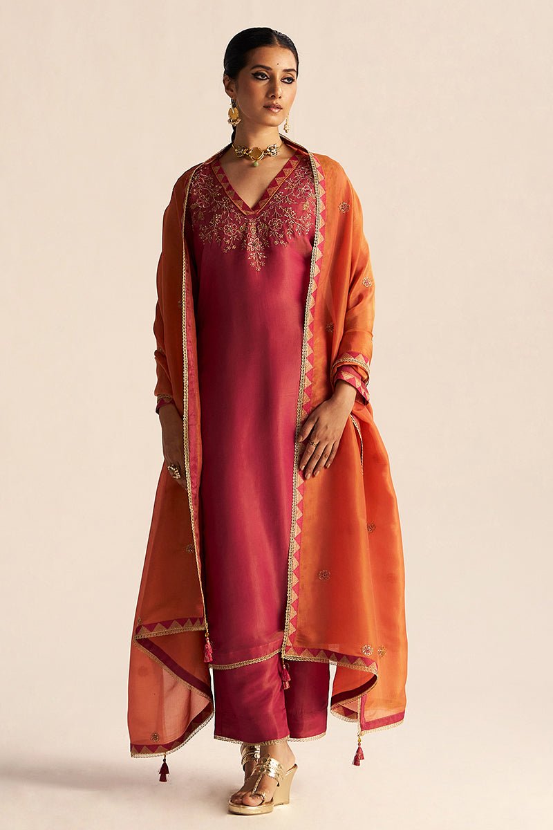 Cherries Jubilee Kurta With Burnt Sienna Dupatta Festive Kurta Set