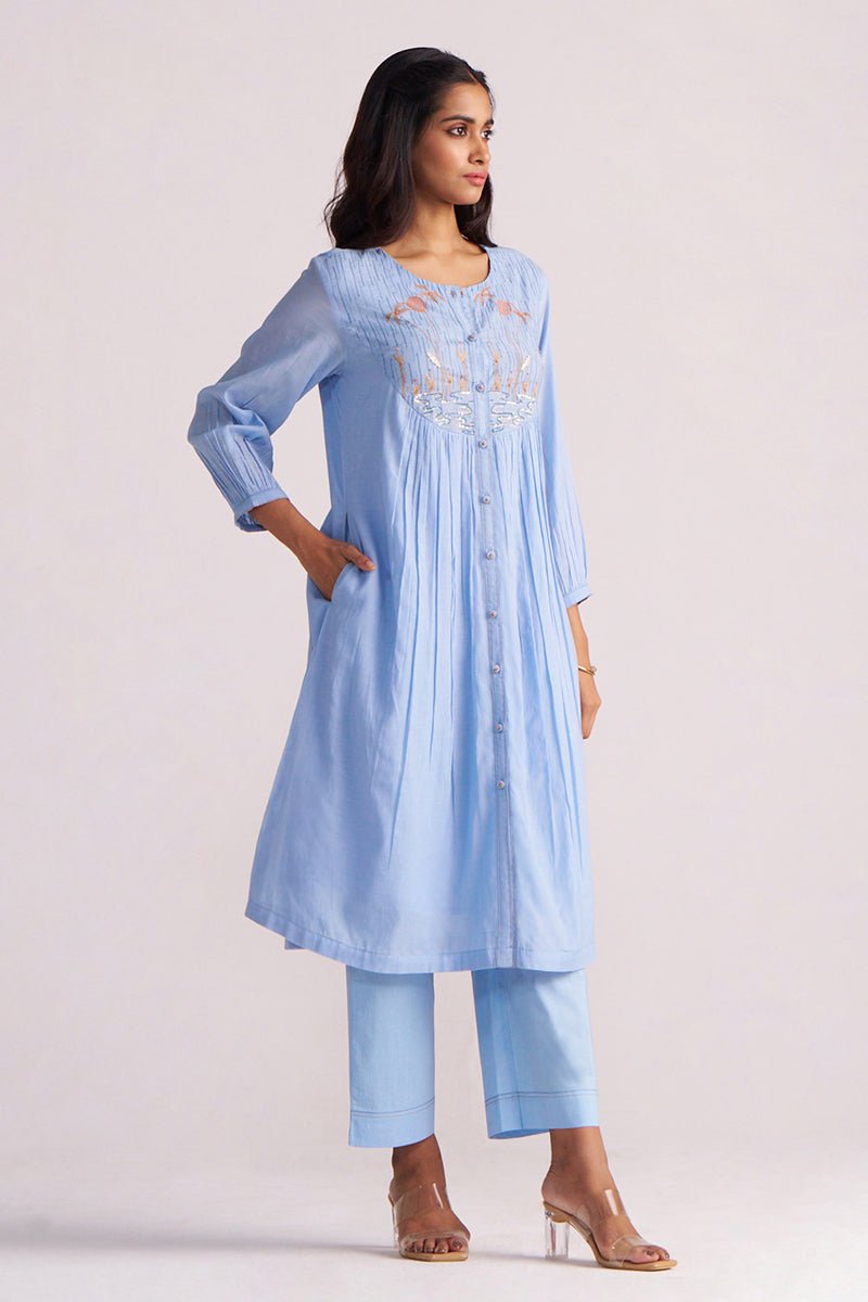 Airy Blue Mul-Chanderi Co-ord Set