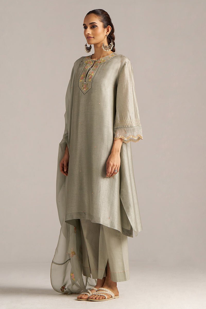 Seagrass Grey Raw Silk Festive Kurta Set