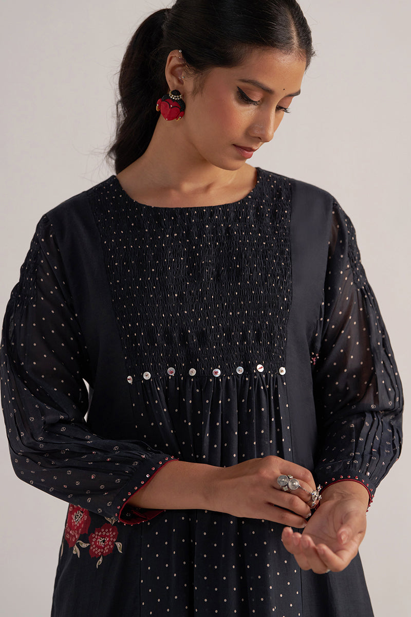 Black Bandhani and Flower Printed Mul-Chanderi Co-ord Set