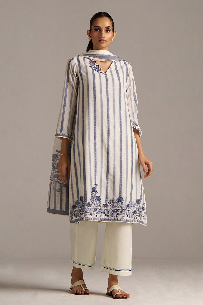 Off-White And Blue Woven-Chanderi Kurta Set