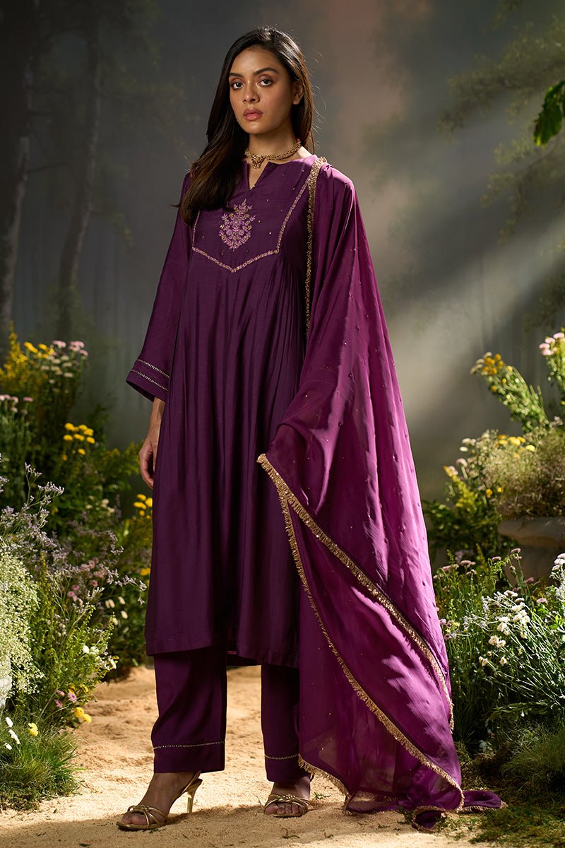 Plum Bemberg Silk Festive Kurta Set