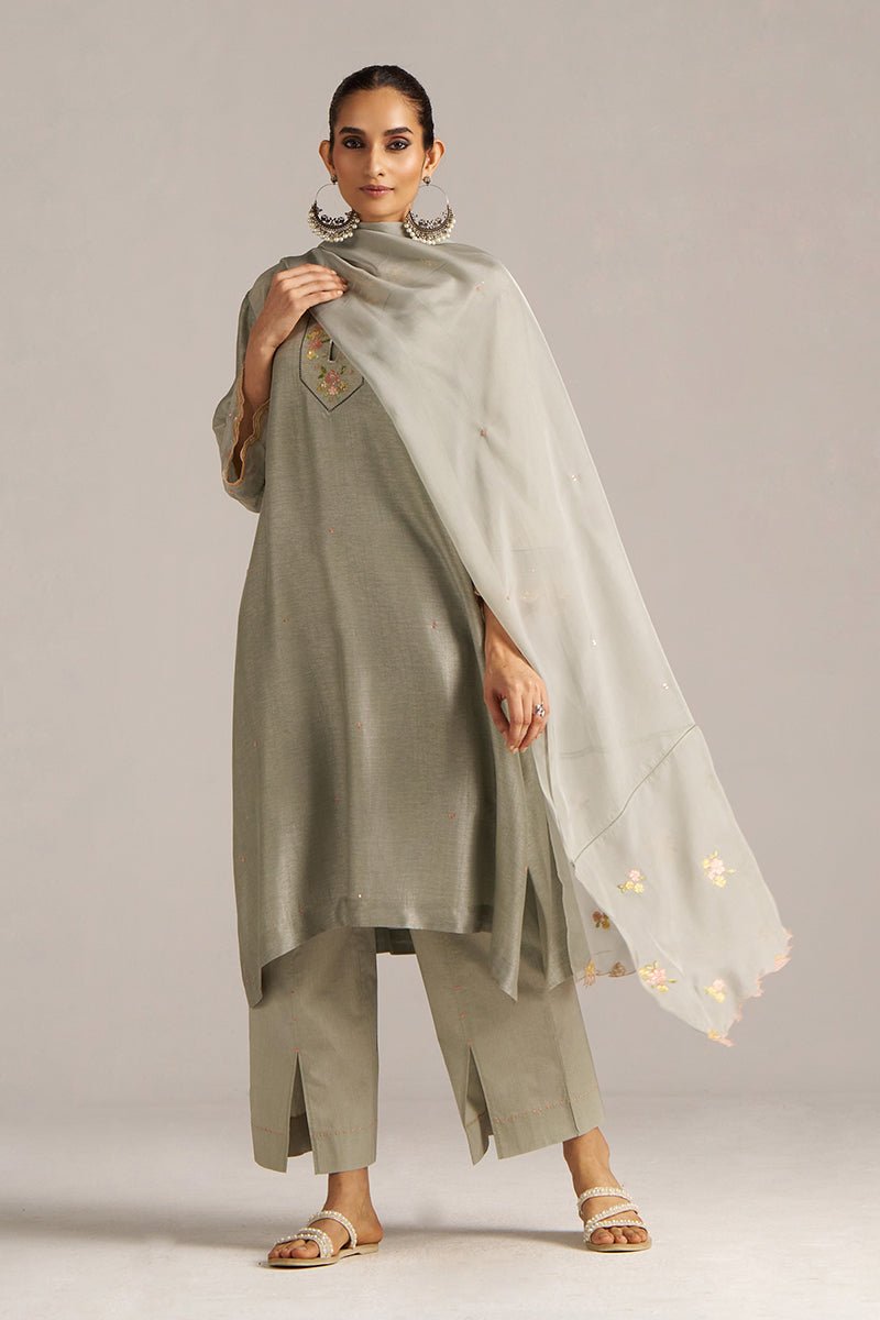Seagrass Grey Raw Silk Festive Kurta Set
