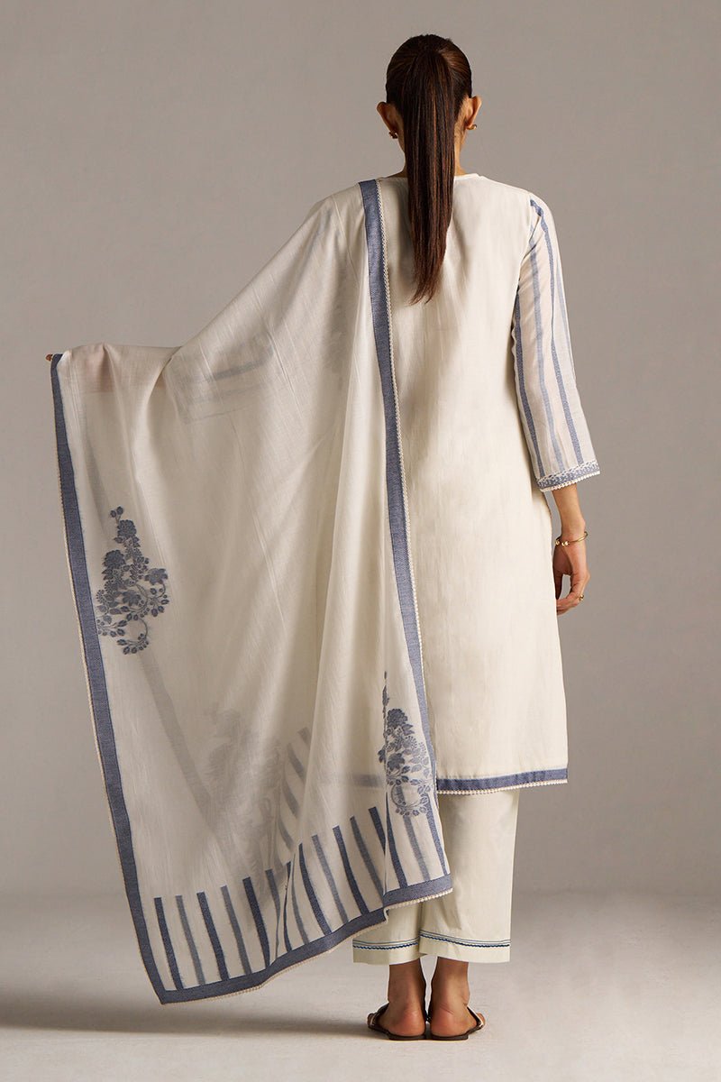 Off-White And Blue Woven-Chanderi Kurta Set