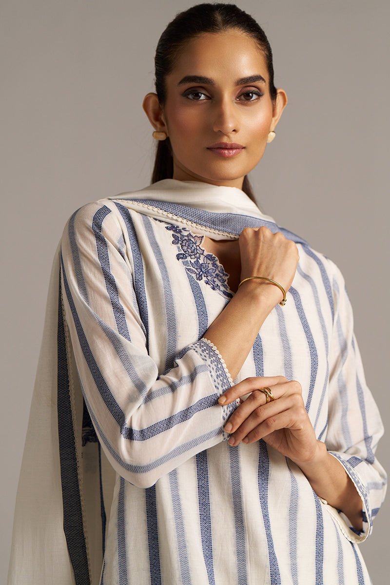 Off-White And Blue Woven-Chanderi Kurta Set