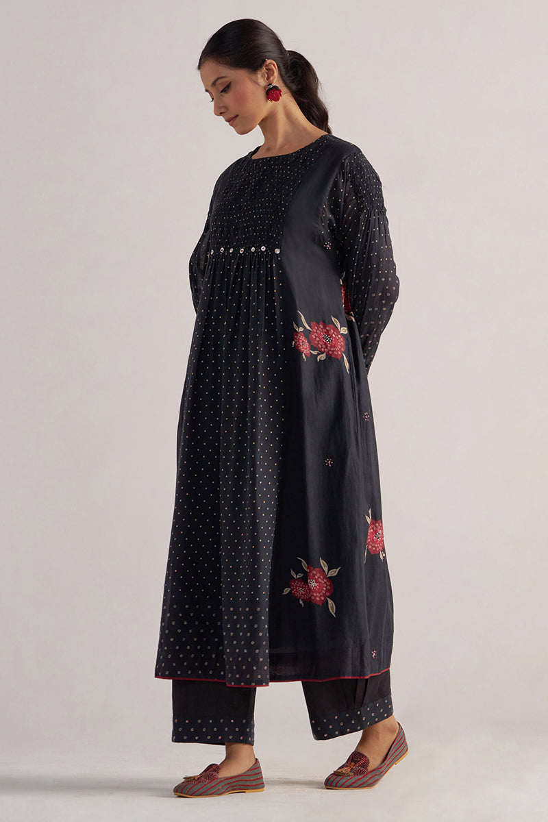 Black Bandhani and Flower Printed Mul-Chanderi Co-ord Set