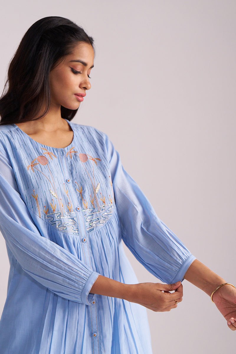 Airy Blue Mul-Chanderi Co-ord Set