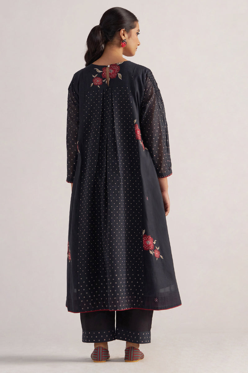 Black Bandhani and Flower Printed Mul-Chanderi Co-ord Set