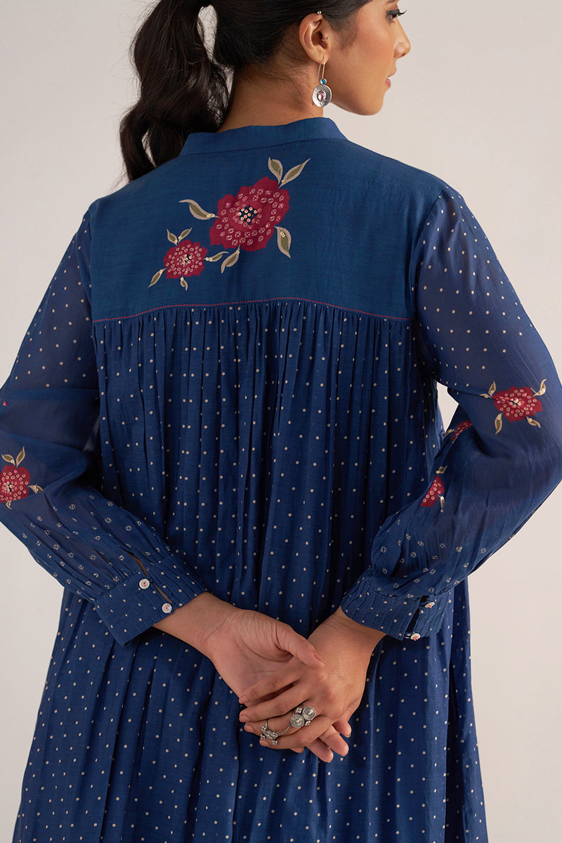 Navy Blue Bandhani and Flower Print Mul-Chanderi Co-ord Set