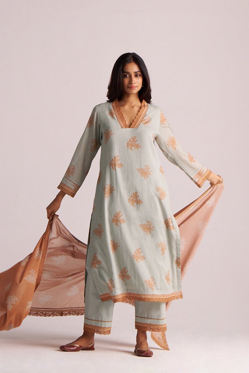 Grey-Rust Mul Kurta Set