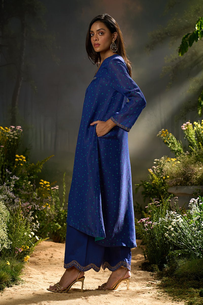 Mazarine Blue Zari Woven Checkard Silk Kurta Set