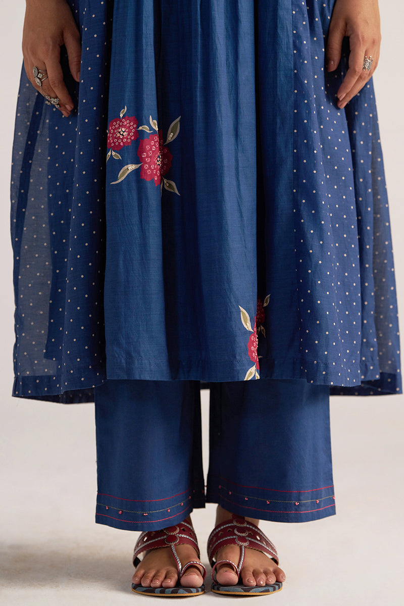 Navy Blue Bandhani and Flower Print Mul-Chanderi Co-ord Set