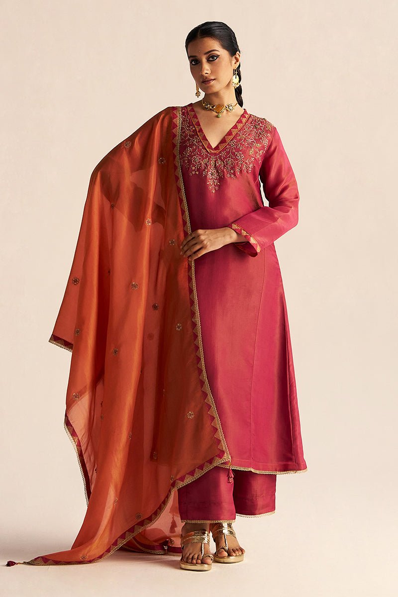 Cherries Jubilee Kurta With Burnt Sienna Dupatta Festive Kurta Set
