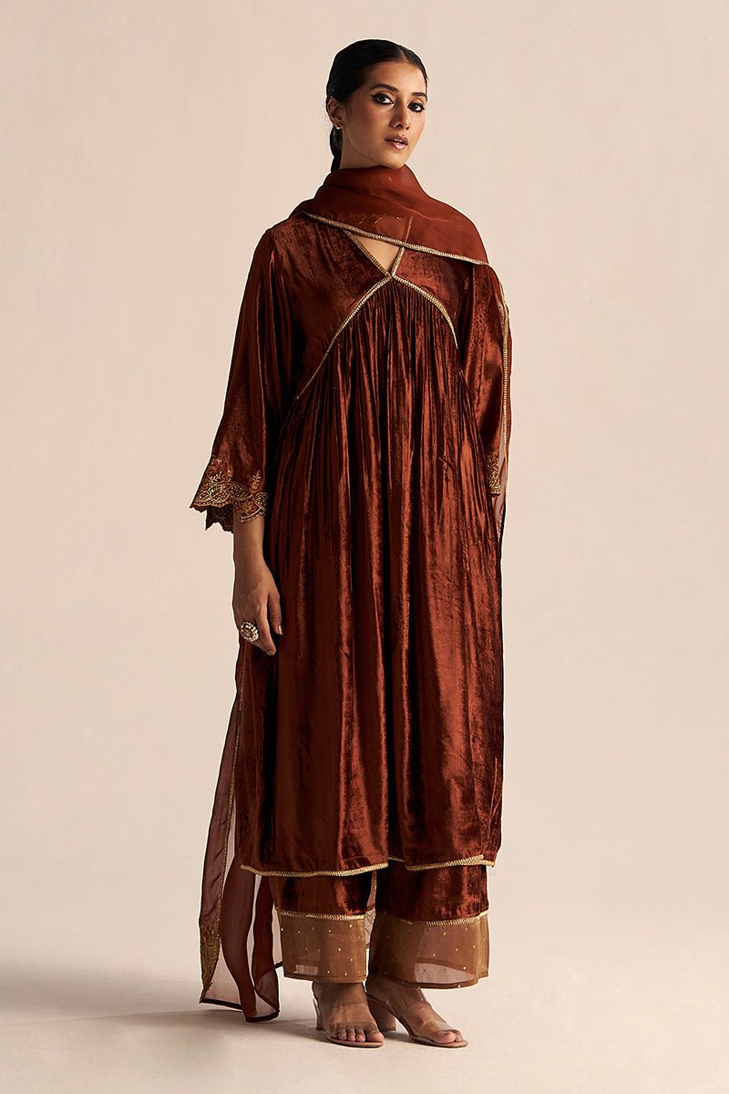 Sequoia Brown Velvet Festive Kurta Set