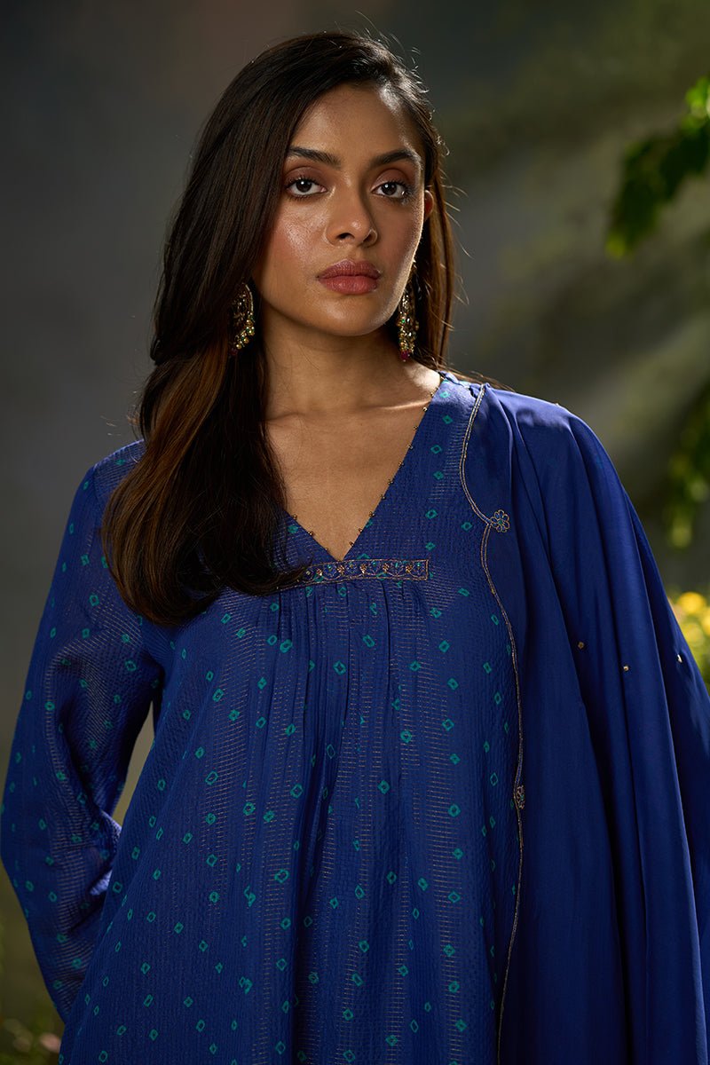 Mazarine Blue Zari Woven Checkard Silk Kurta Set