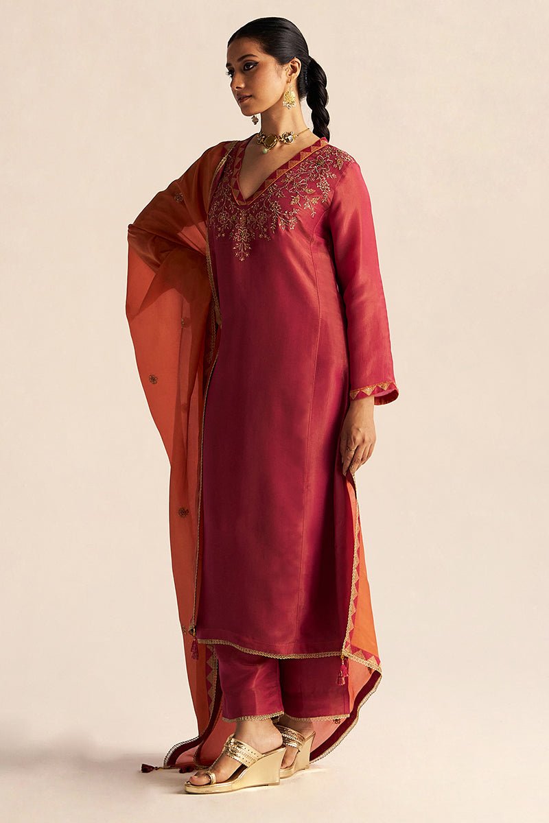 Cherries Jubilee Kurta With Burnt Sienna Dupatta Festive Kurta Set