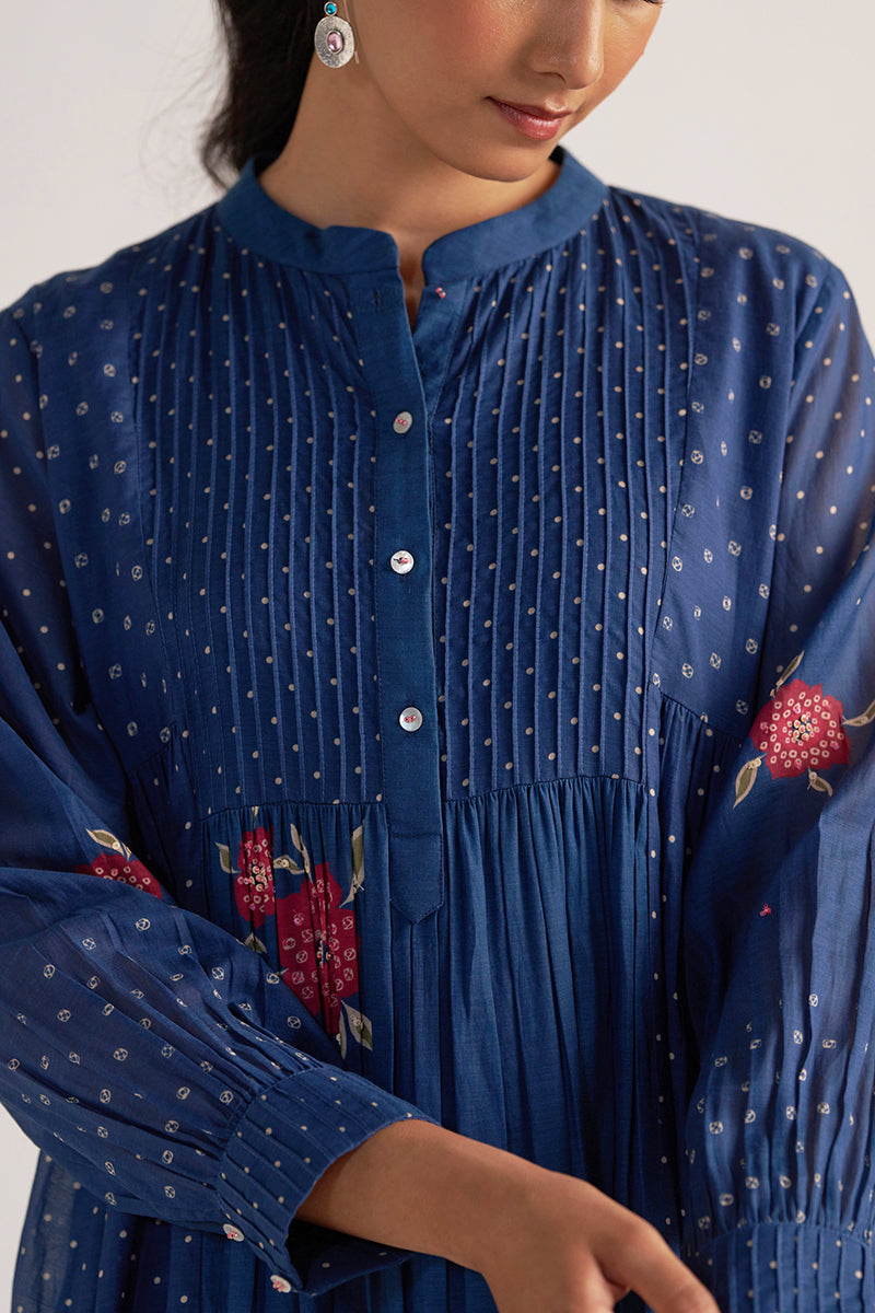 Navy Blue Bandhani and Flower Print Mul-Chanderi Co-ord Set