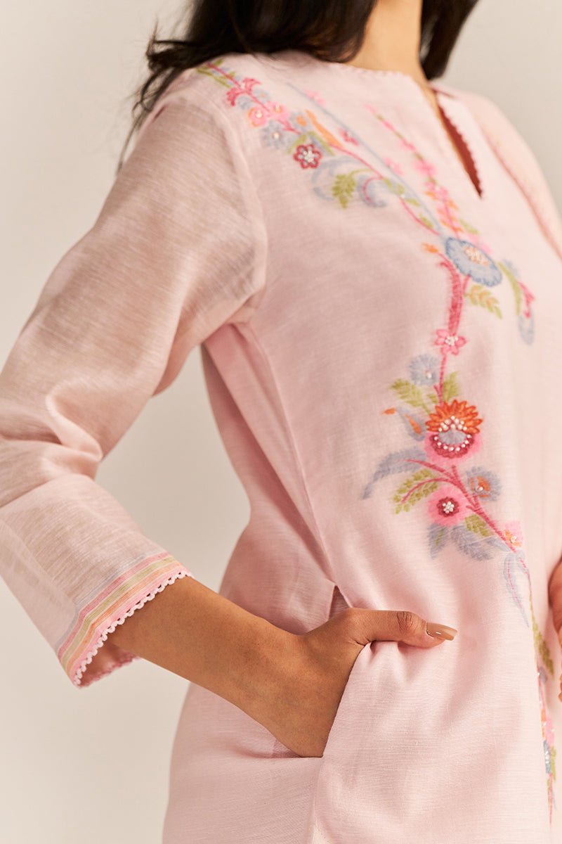 Primrose Pink Woven Kurta Set