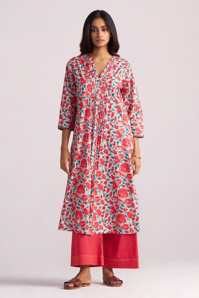 Beige and Red Cotton Print Co-ord Set