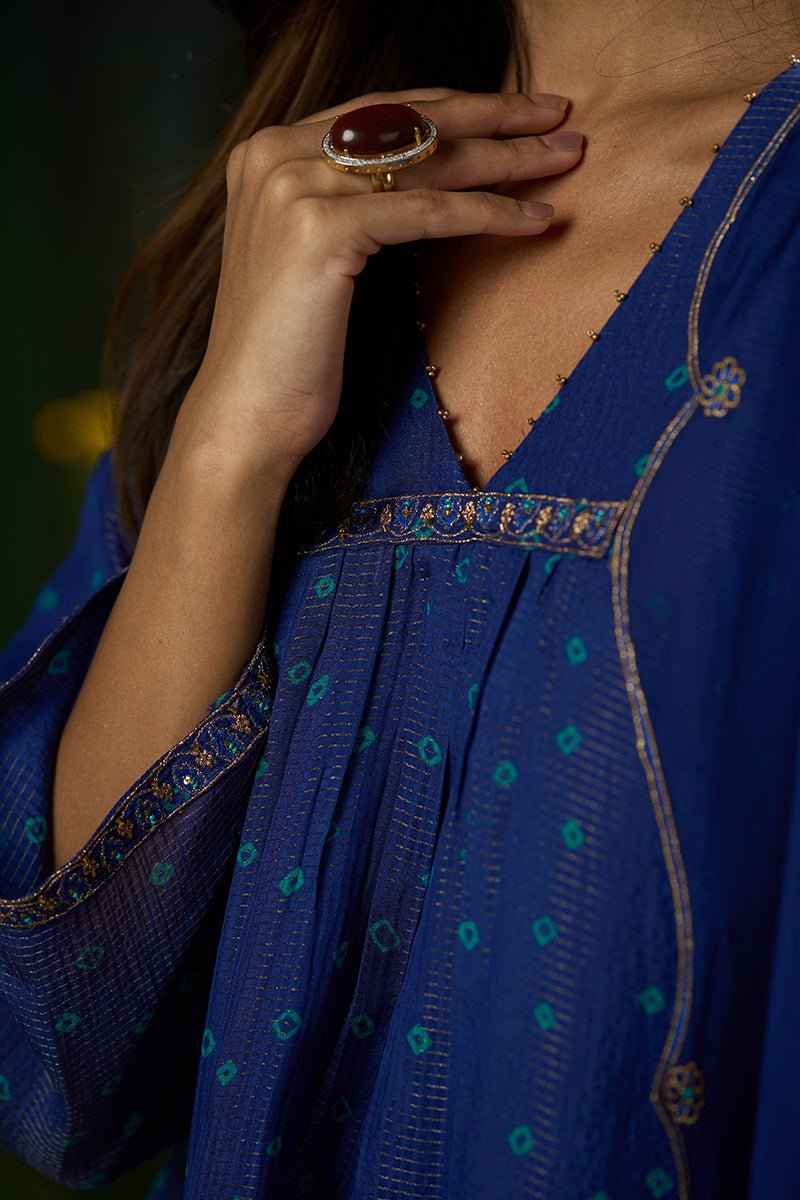 Mazarine Blue Zari Woven Checkard Silk Kurta Set