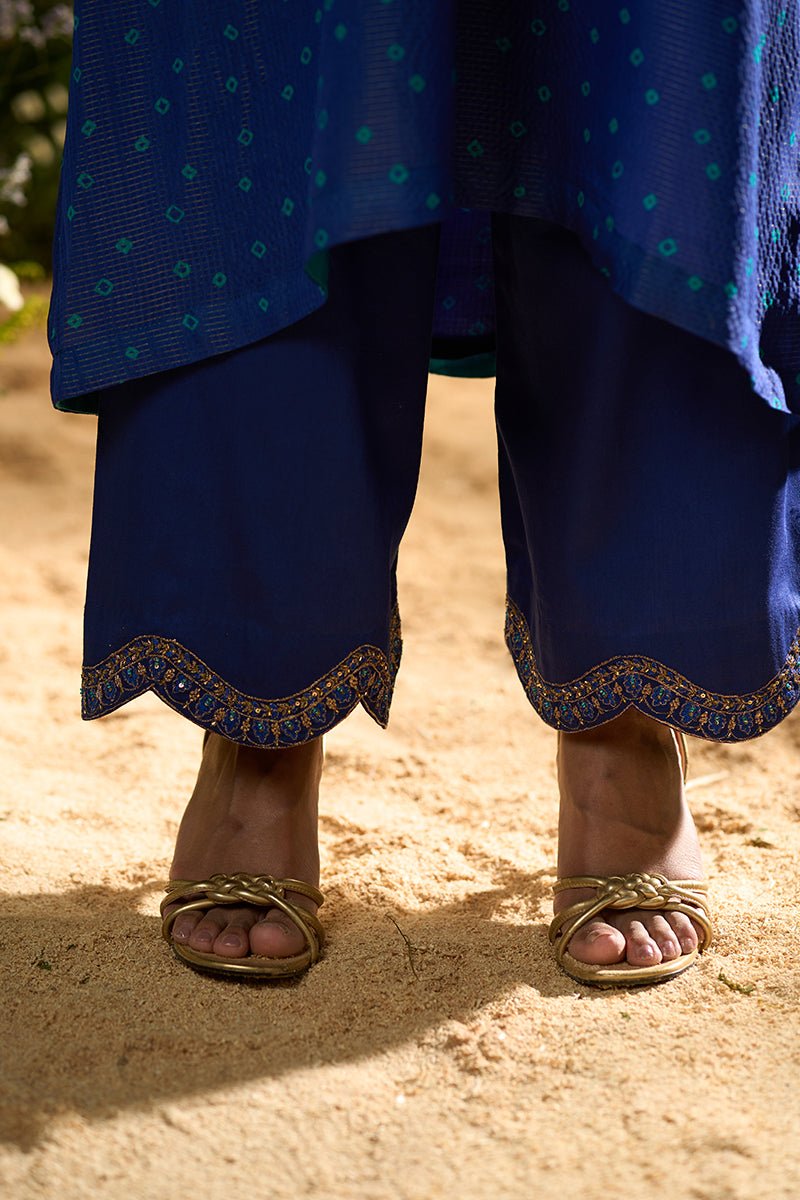 Mazarine Blue Zari Woven Checkard Silk Kurta Set