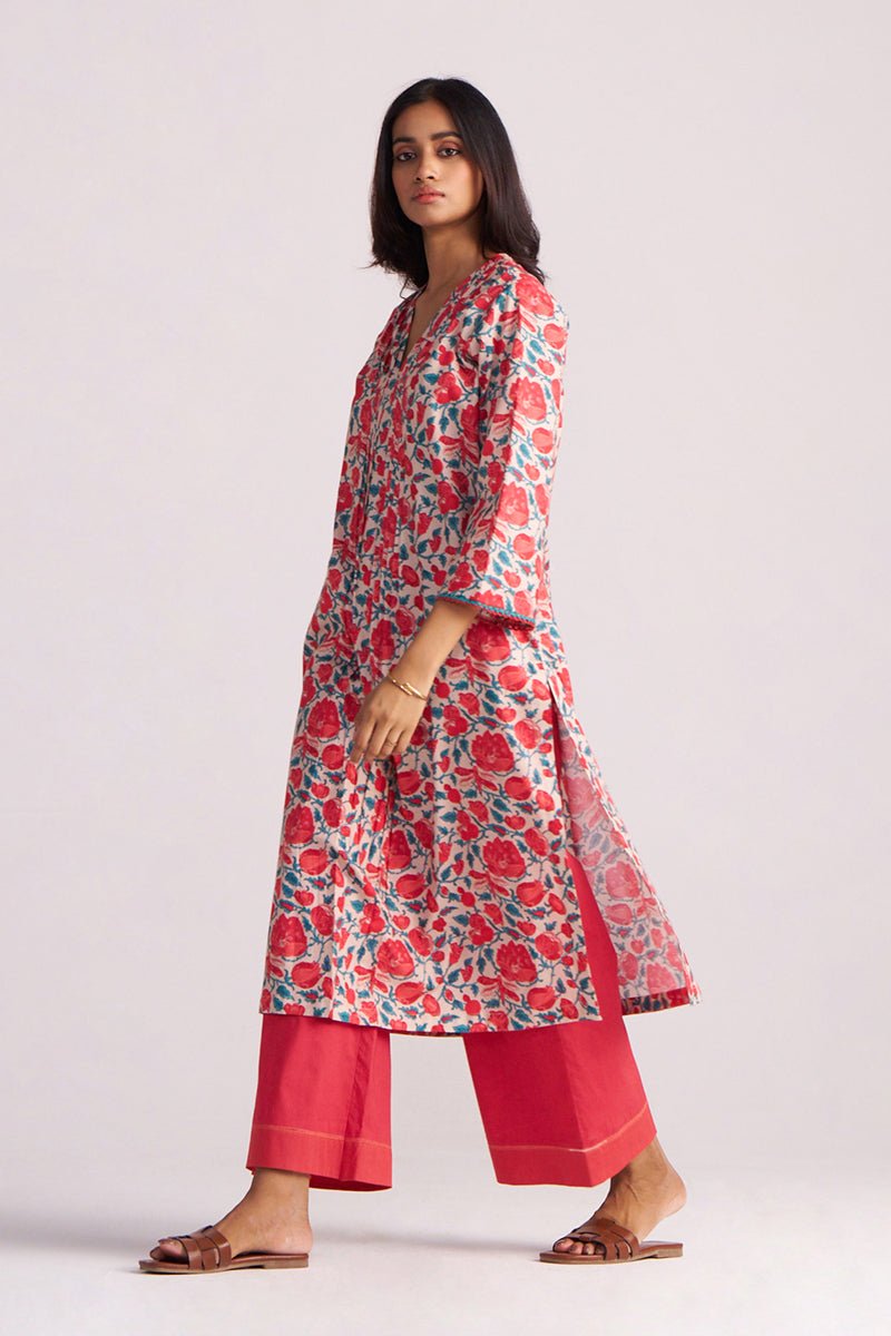 Beige and Red Cotton Print Co-ord Set