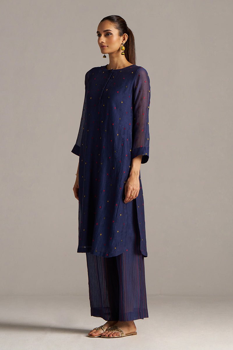 Blue Opal Embroidered Mul-Chanderi Festive Co-ord Set