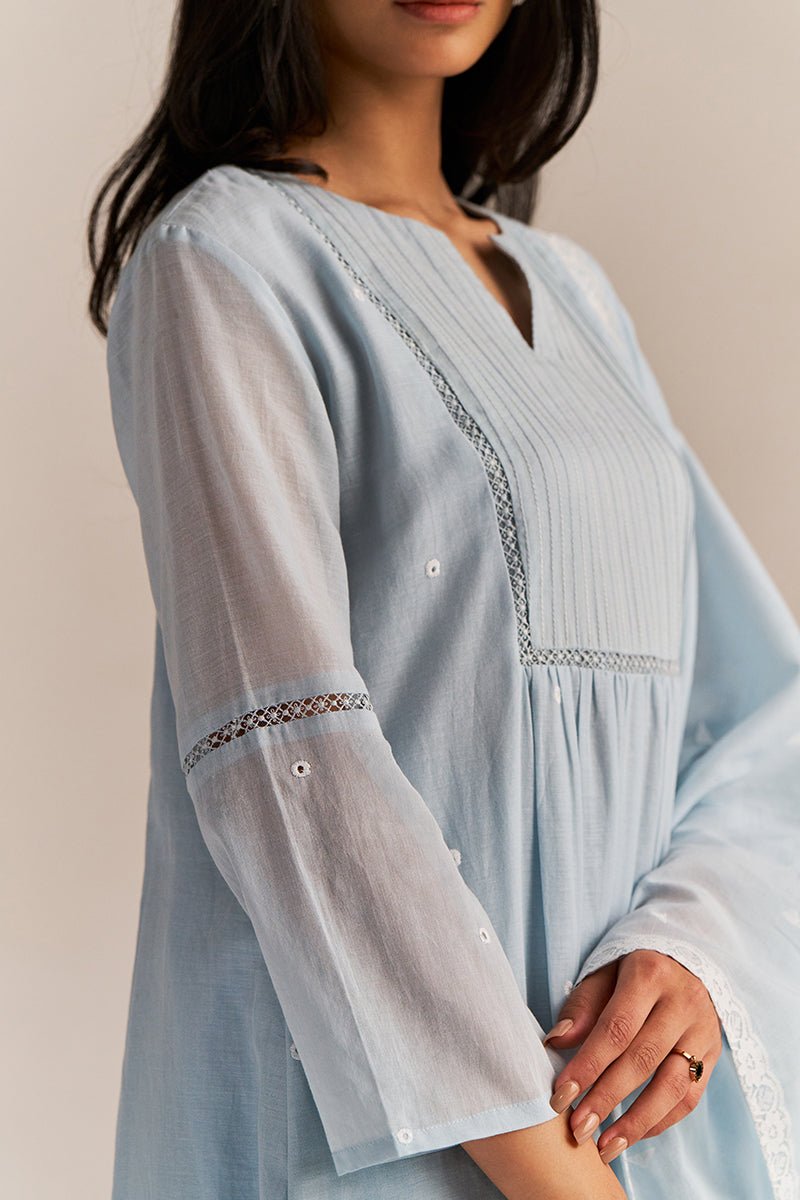Powder Blue Mul-Mul Embroidered Kurta Set