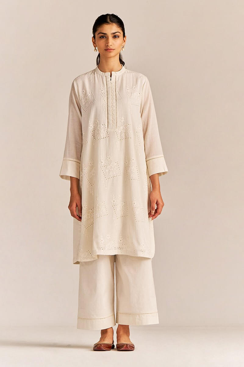 Off-White Mul Chikankari Embroidery Co-ord Set