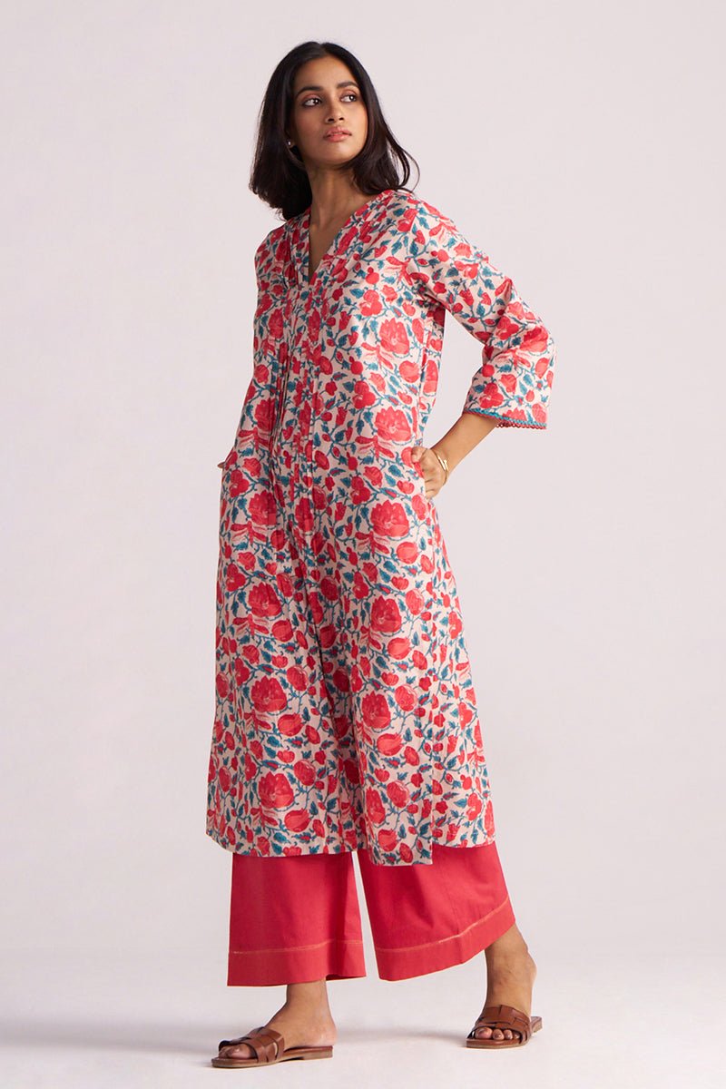 Beige and Red Cotton Print Co-ord Set