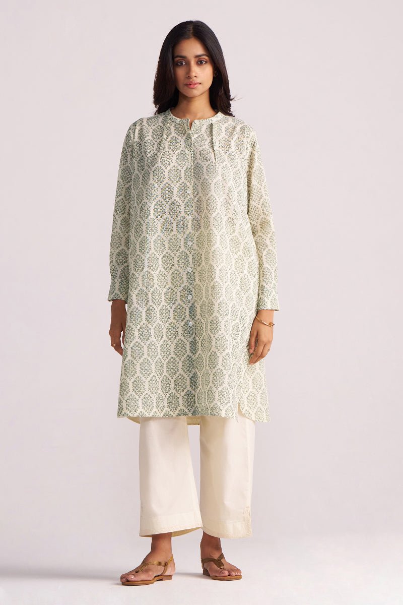 Cream and Deep Olive Mughal Tree Hand Print Cotton-Linen Co-ord Set