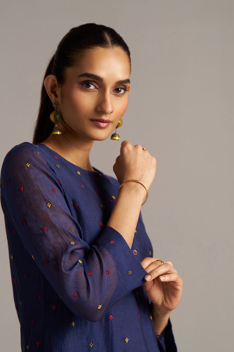 Blue Opal Embroidered Mul-Chanderi Festive Co-ord Set