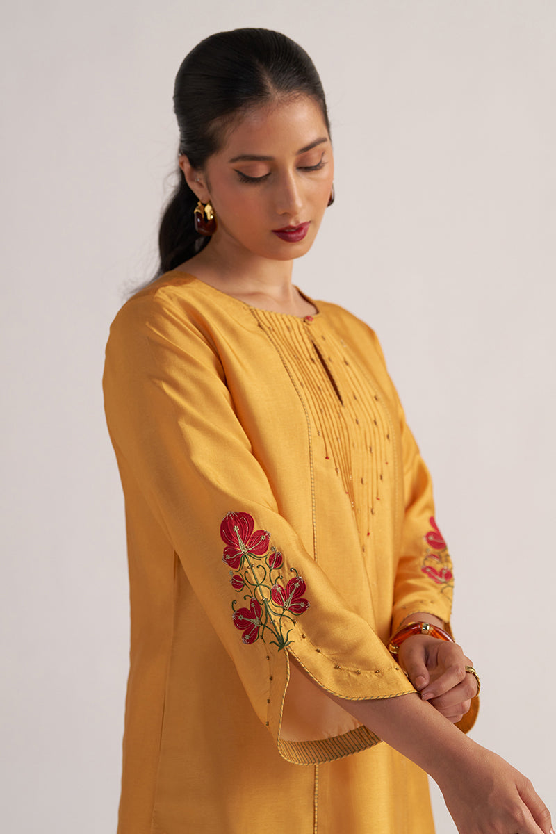 Golden Orange Print and Solid Festive Co-ord Set