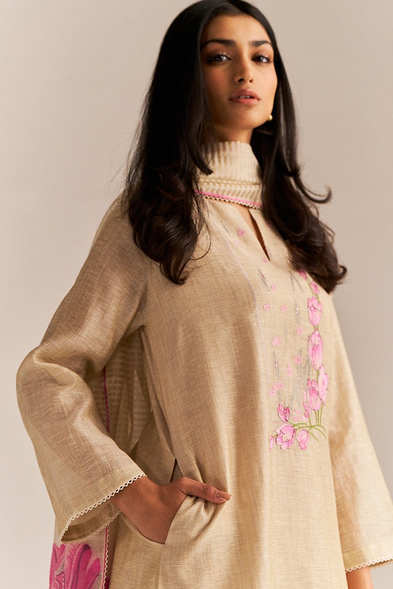 Beige and Pink Woven Kurta Set