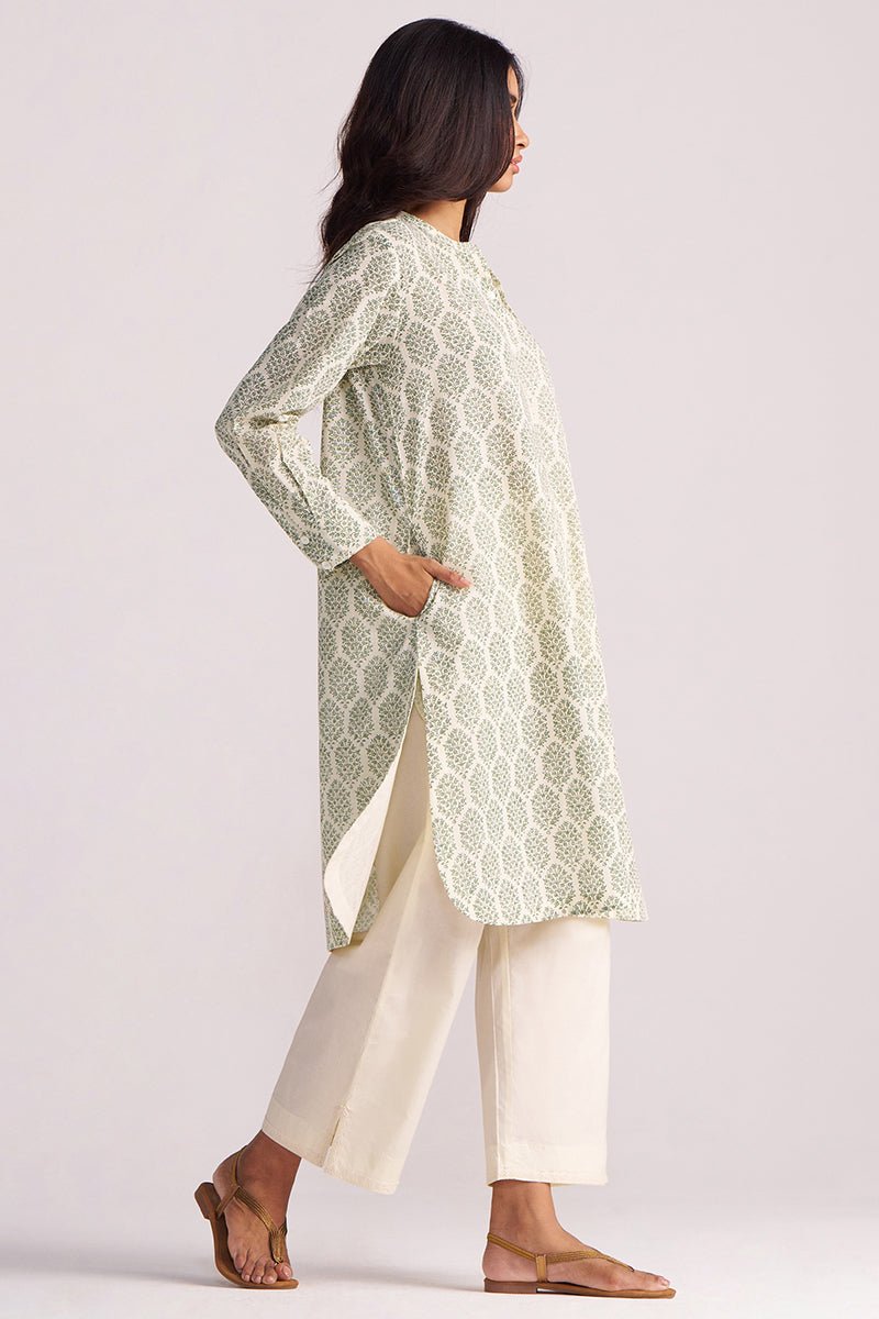 Cream and Deep Olive Mughal Tree Hand Print Cotton-Linen Co-ord Set