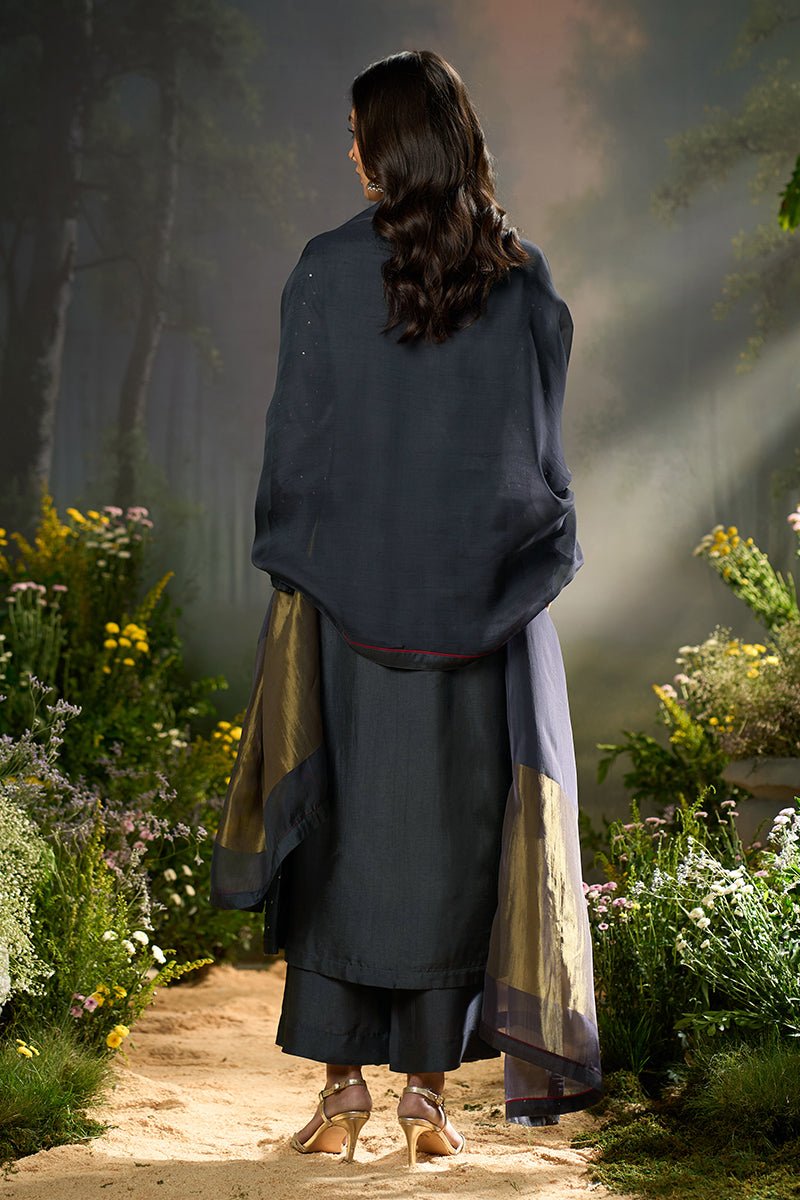 Deep Well Blue Raw Silk Festive Kurta Set