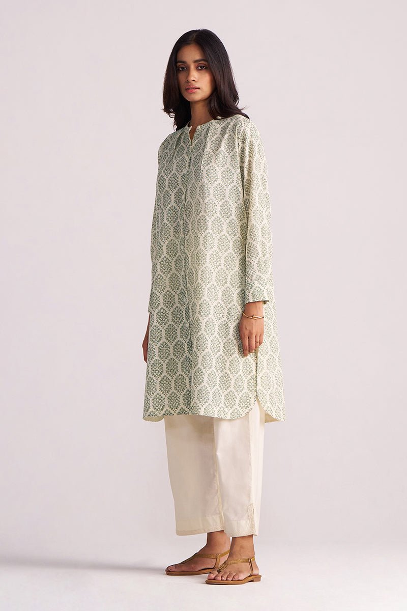 Cream and Deep Olive Mughal Tree Hand Print Cotton-Linen Co-ord Set