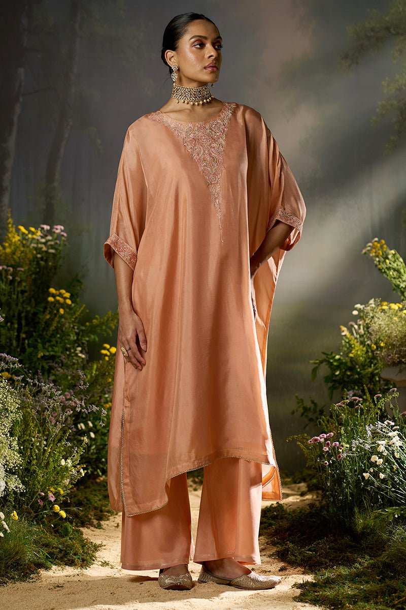 Peach Bloom Silk Kaftaan Co-ord Set