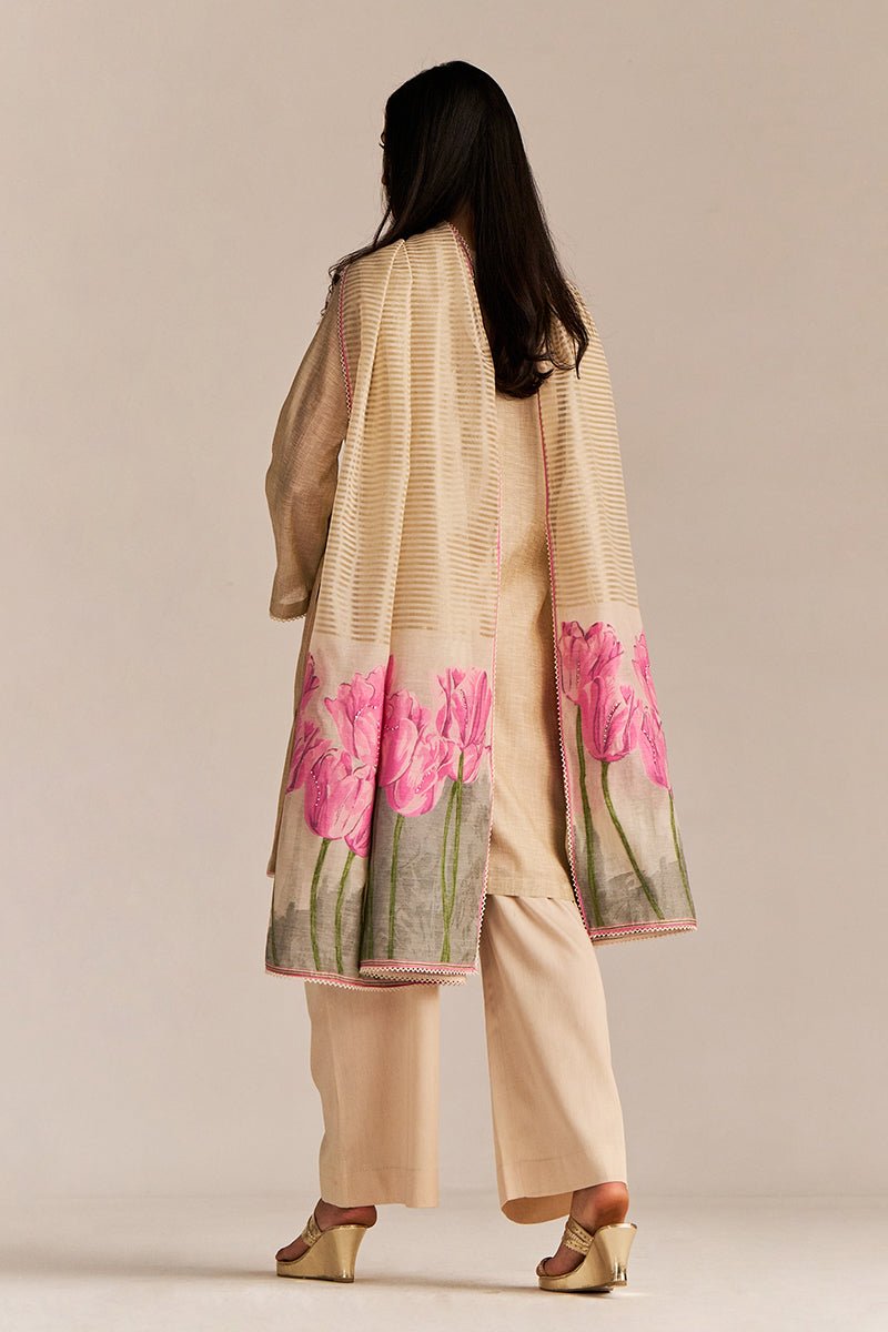 Beige and Pink Woven Kurta Set