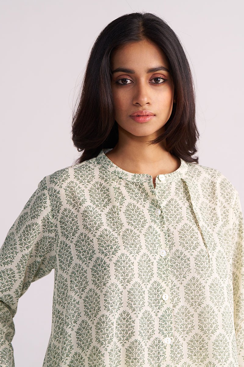 Cream and Deep Olive Mughal Tree Hand Print Cotton-Linen Co-ord Set