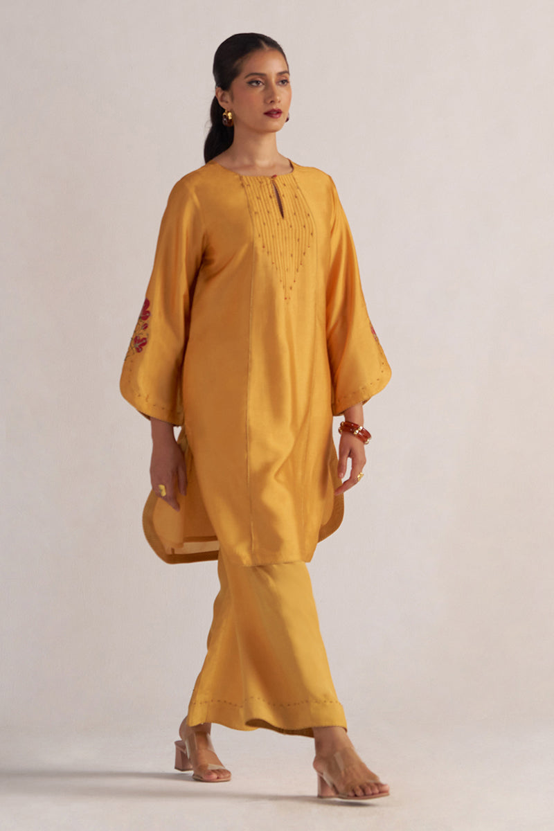 Golden Orange Print and Solid Festive Co-ord Set