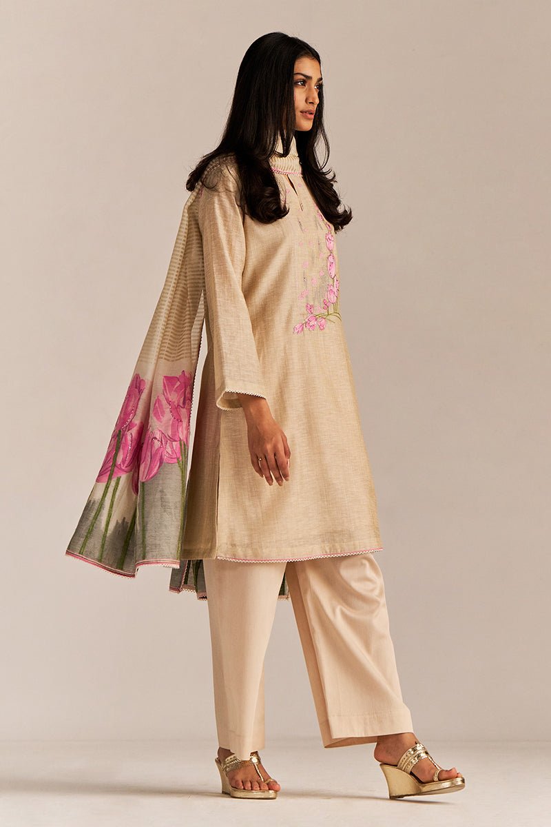 Beige and Pink Woven Kurta Set