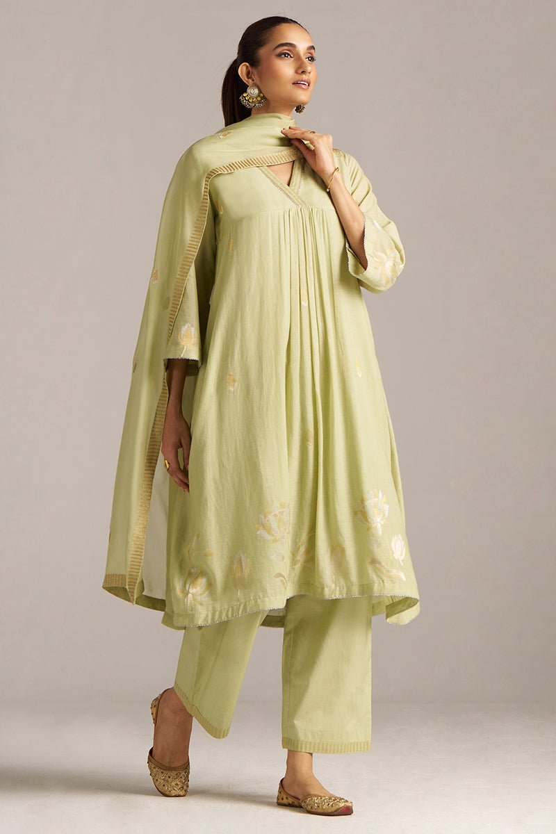 Pistachio Woven Mul Cotton Festive Kurta Set