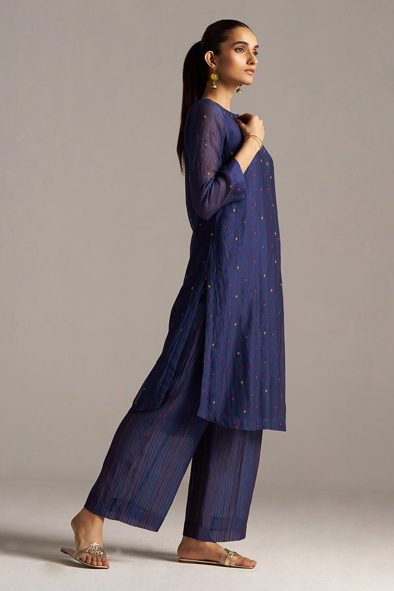 Blue Opal Embroidered Mul-Chanderi Festive Co-ord Set