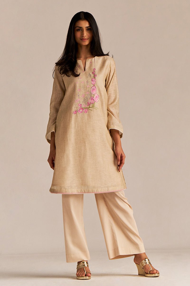 Beige and Pink Woven Kurta Set