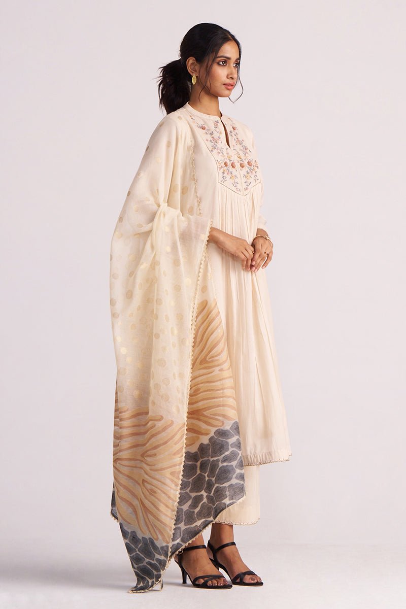 Beige Mul-Chanderi Embroidered Kurta Set